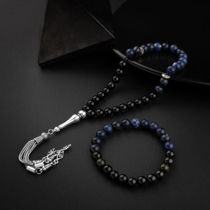 Laboratory Certified Obsidian & Dumortierite Natural Gemstone Prayer Beads & Bracelet Set
