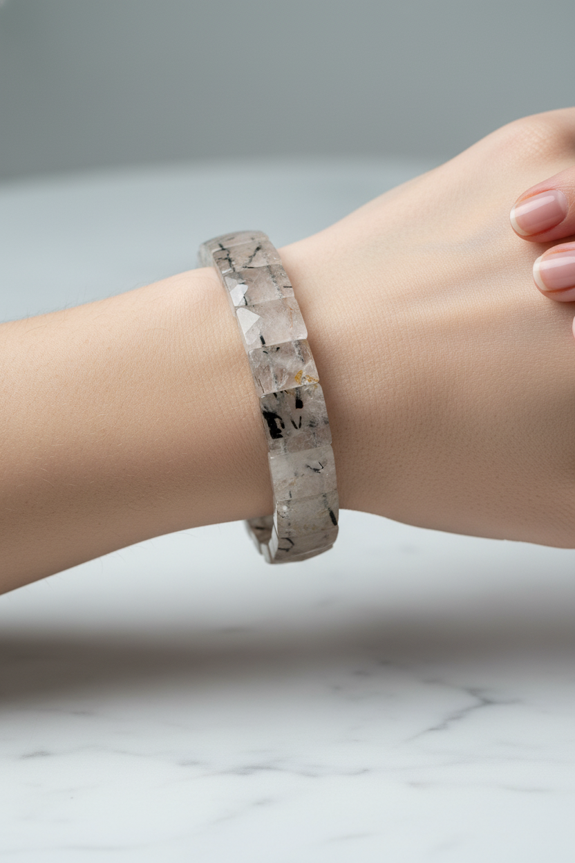 Rutilated Quartz Wide Cut Square Cut Natural Gemstone Bracelet