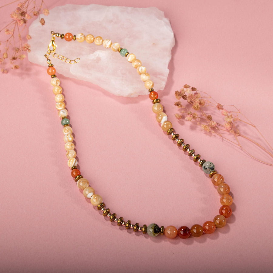 Laboratory Certified Carnelian Agate, Orange Aventurine, Prehnite, Mother of Pearl & Hematite Natural Stone Necklace – Special Design