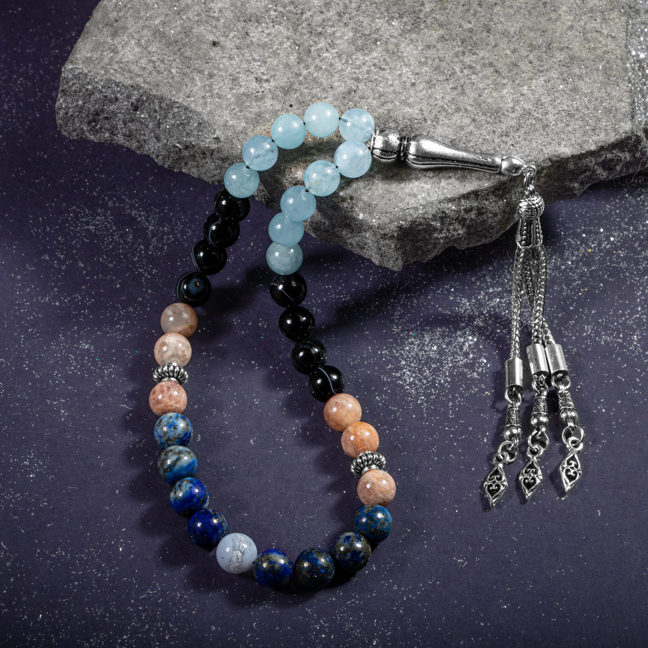 Libra Zodiac Prayer Beads – Aquamarine, Sunstone, Chalcedony, Lapis Lazuli & Black Eye Agate Natural Gemstone