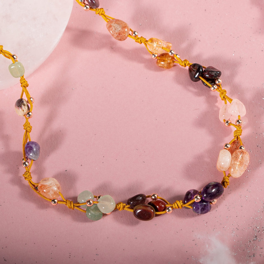 Laboratory Certified Aries Zodiac Natural Stone Macramé Necklace – Amethyst, Burgundy Garnet, Sunstone, Jasper, Rose Quartz, Citrine, Green Aventurine – Special Design