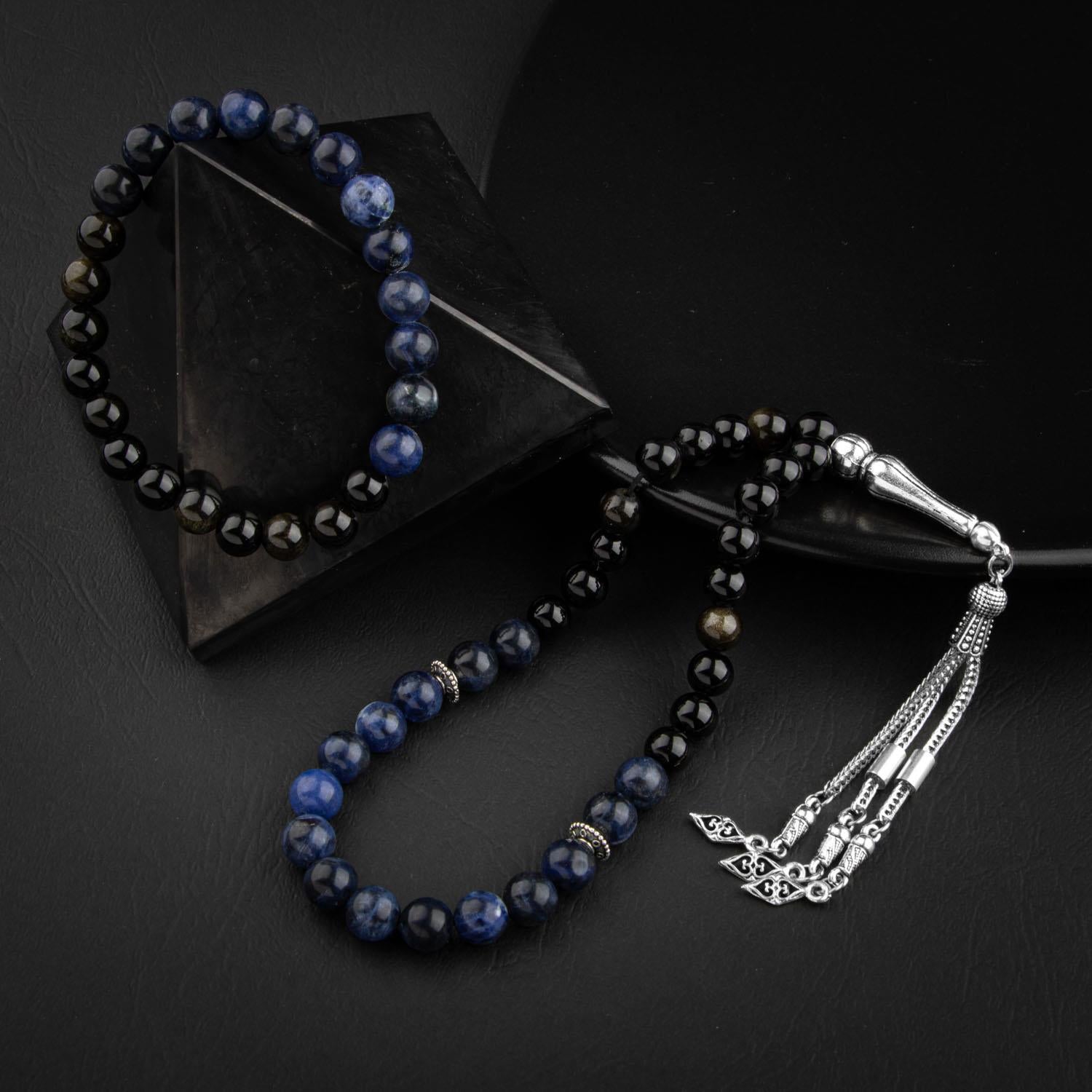 Obsidian & Dumortierite Natural Gemstone Prayer Beads & Bracelet Set