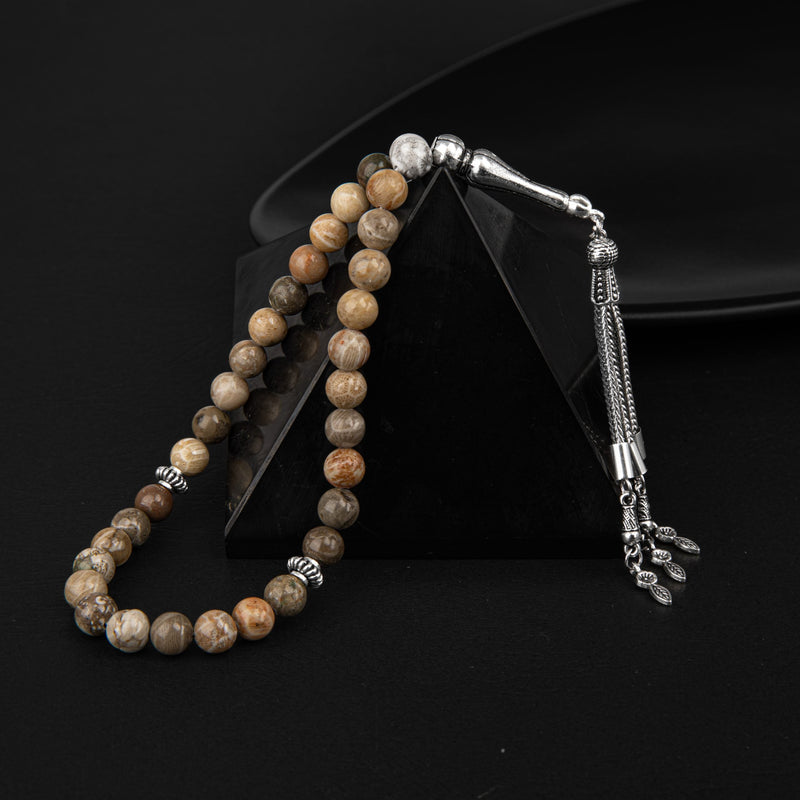 Laboratory Certified Fossil Coral Natural Gemstone Prayer Beads 33-Bead – 8mm