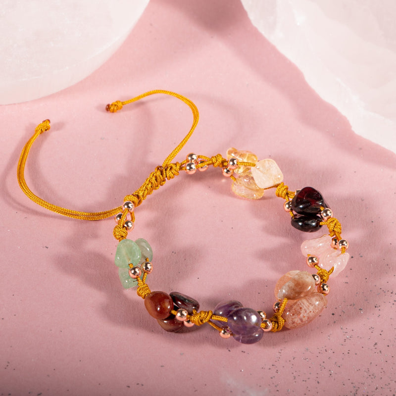 Aries Zodiac Natural Stone Macramé Bracelet – Amethyst, Burgundy Garnet (Lal), Sunstone, Jasper, Rose Quartz, Citrine, Green Aventurine
