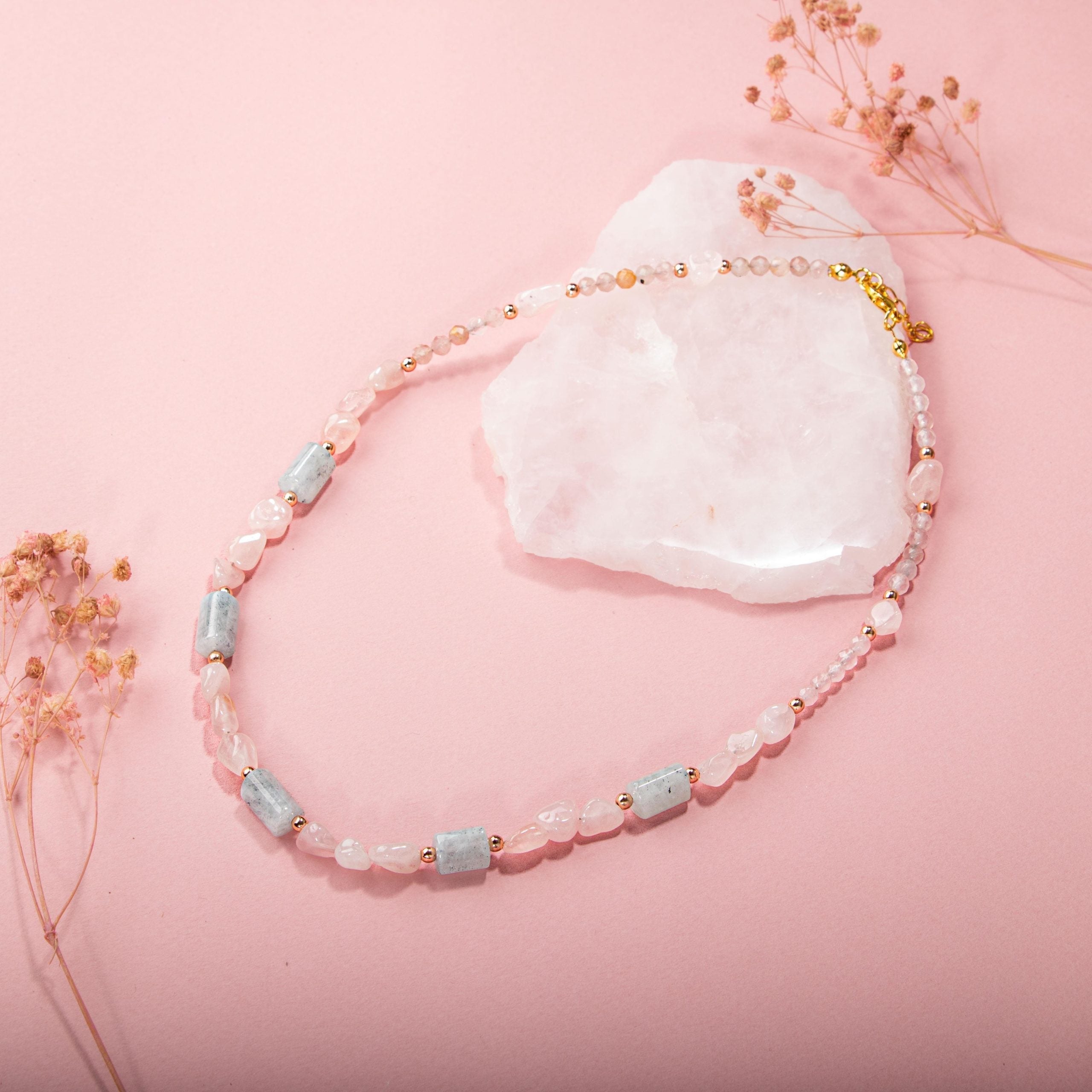 Pembe Kuvars-Akuamarin Doğal Taş Kolye