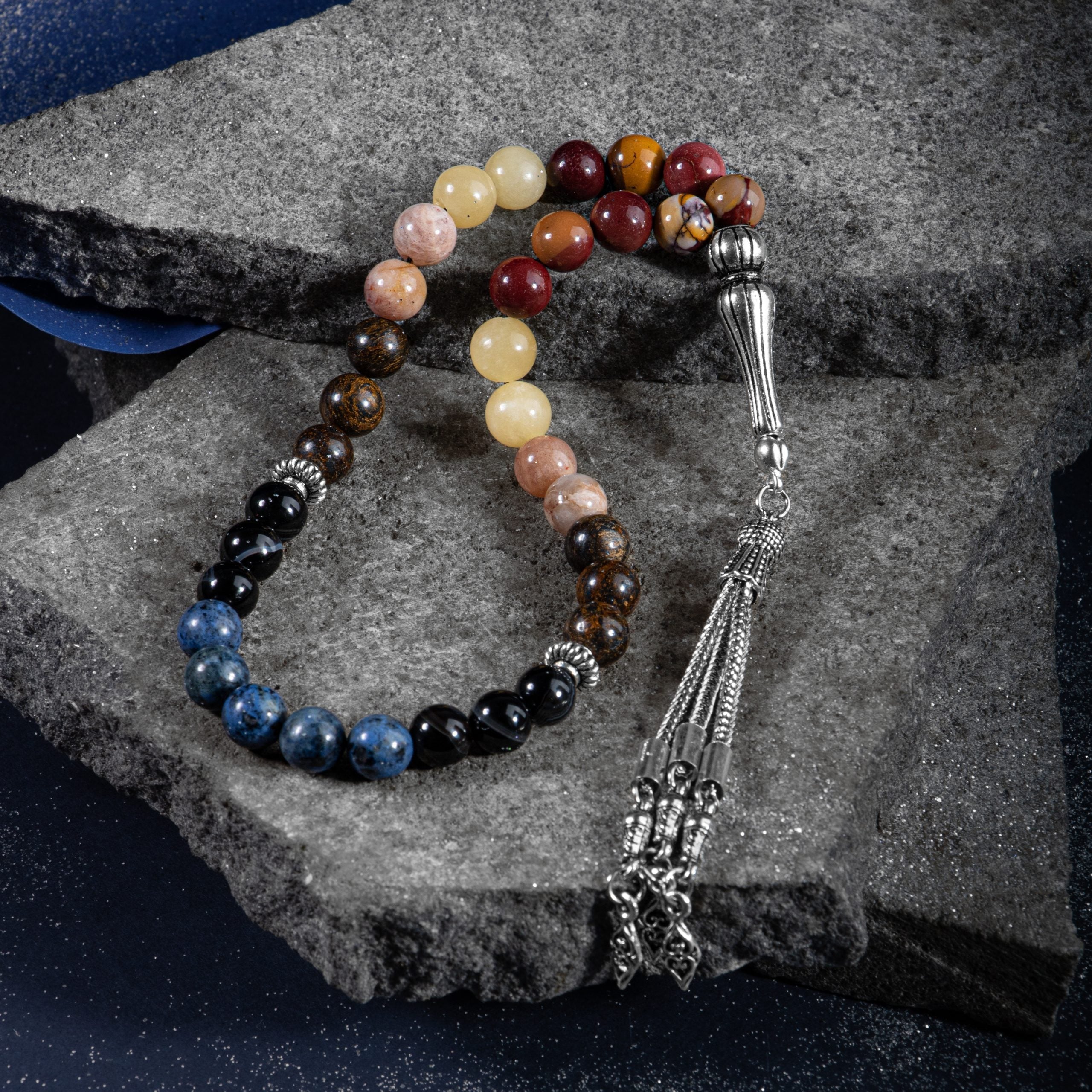 Leo Zodiac Prayer Beads – Bronzit, Dumortierite, Sunstone, Jasper, Calcite & Black Eye Agate Natural Gemstone