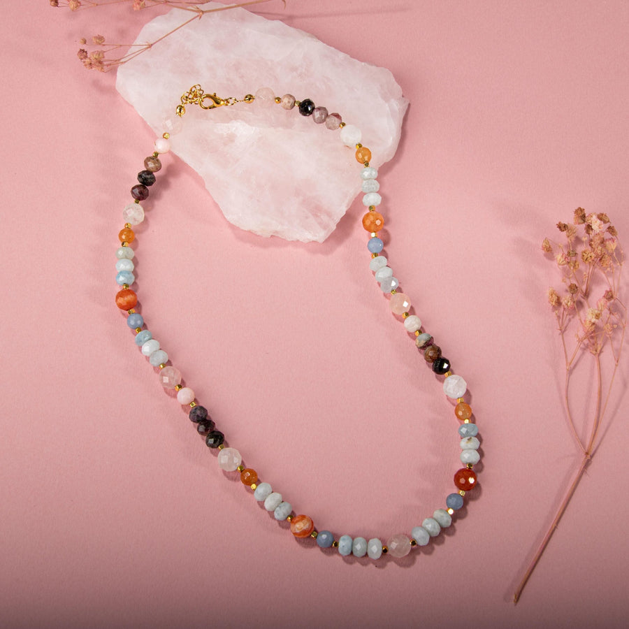 Laboratory Certified Angelite, Morganite, Rose Quartz, Multicolor Tourmaline, Moonstone, Orange Aventurine, Aquamarine & Madagascar Agate Natural Stone Necklace – Special Design