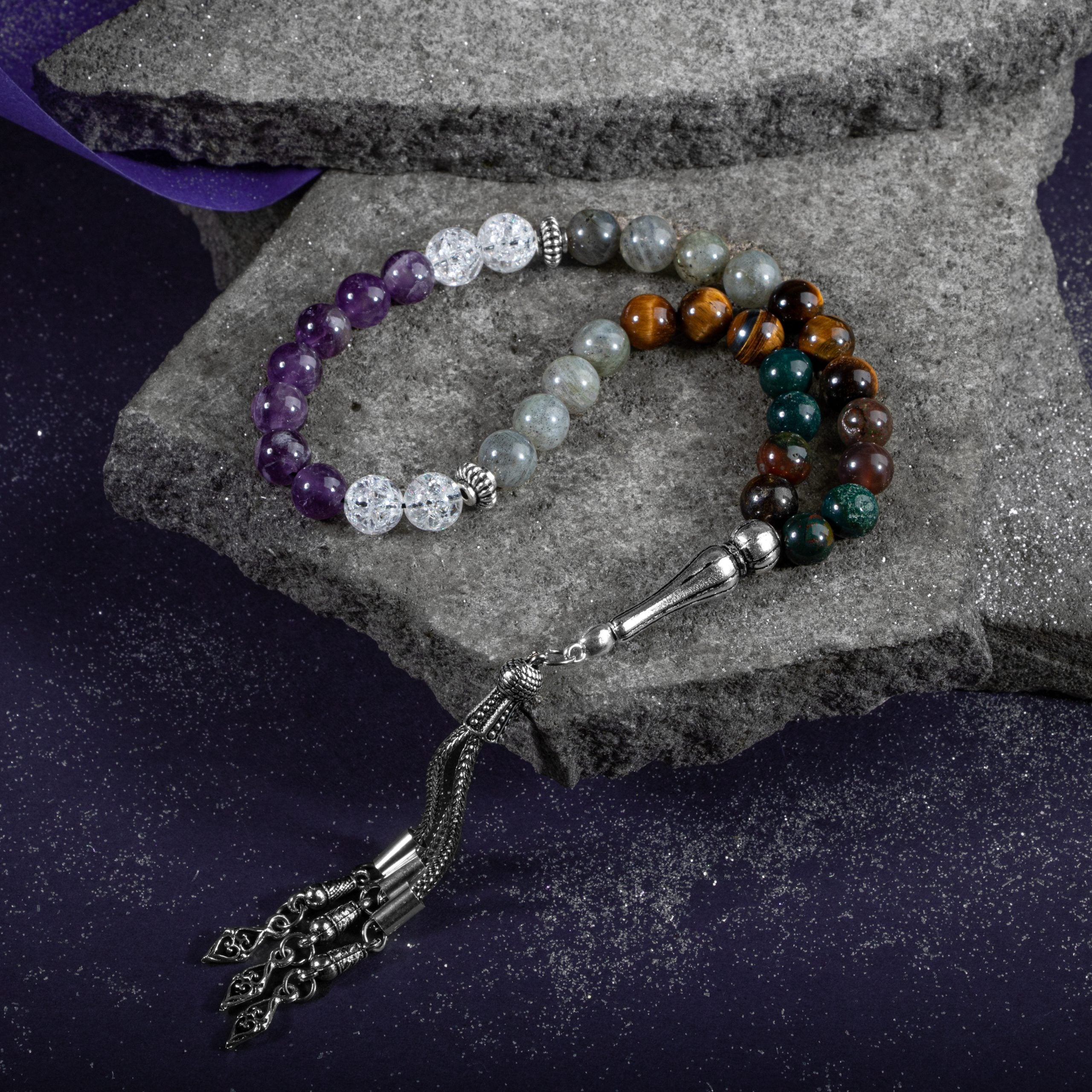 Pisces Zodiac Prayer Beads – Amethyst, Bloodstone, Tiger's Eye, Labradorite & Rock Crystal Natural Gemstone