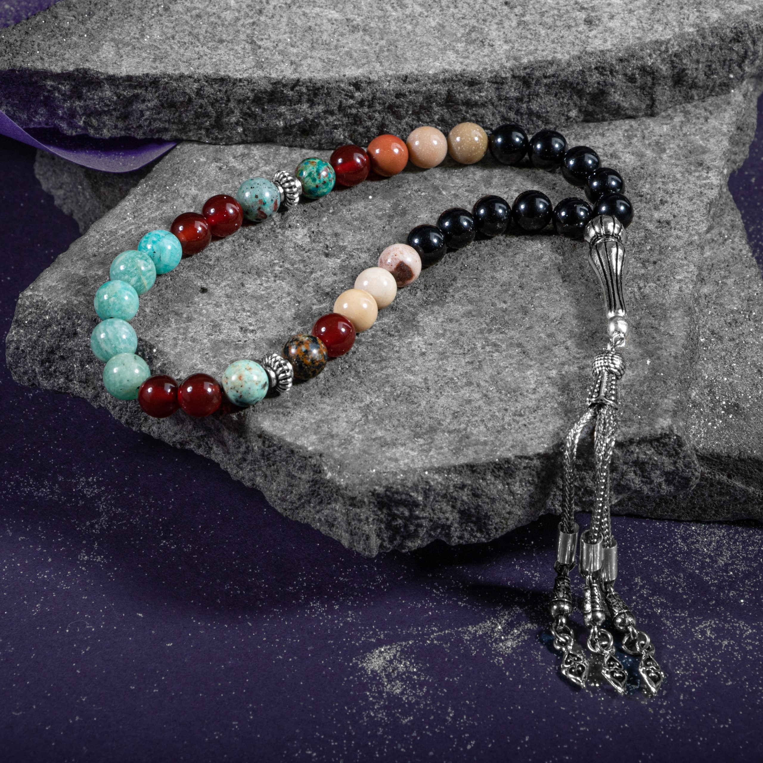 Virgo Zodiac Prayer Beads – Amazonite, Jasper, Red Agate, Chrysocolla & Black Tourmaline Natural Gemstone