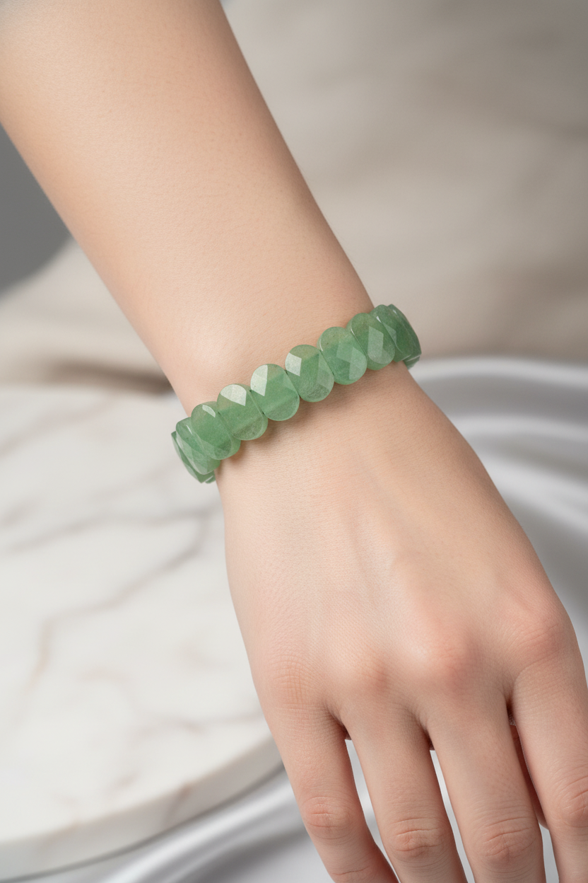 Green Aventurine Wide Cut Natural Gemstone Bracelet