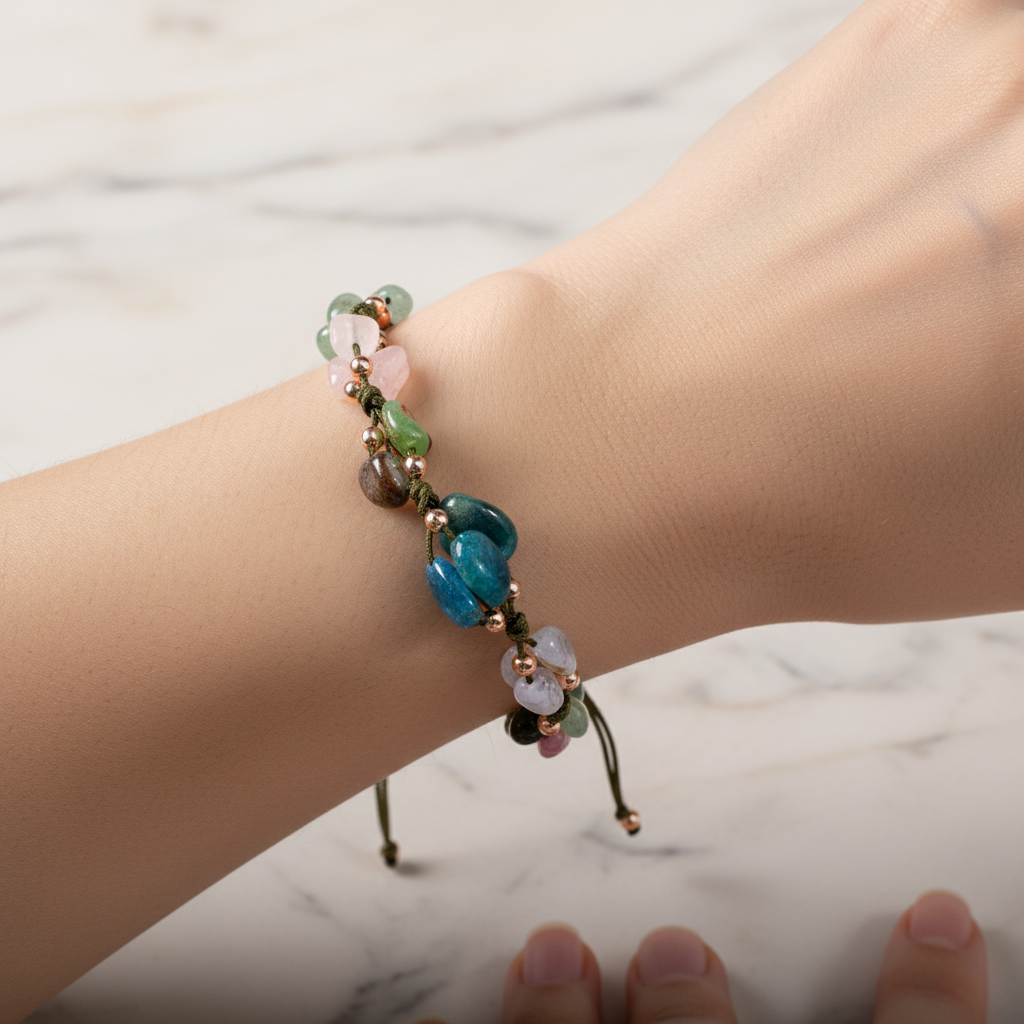 Taurus Zodiac Natural Stone Macramé Bracelet – Chalcedony, Kyanite, Chrysoprase, Blue Apatite, Rose Quartz, Multicolor Tourmaline, Green Aventurine