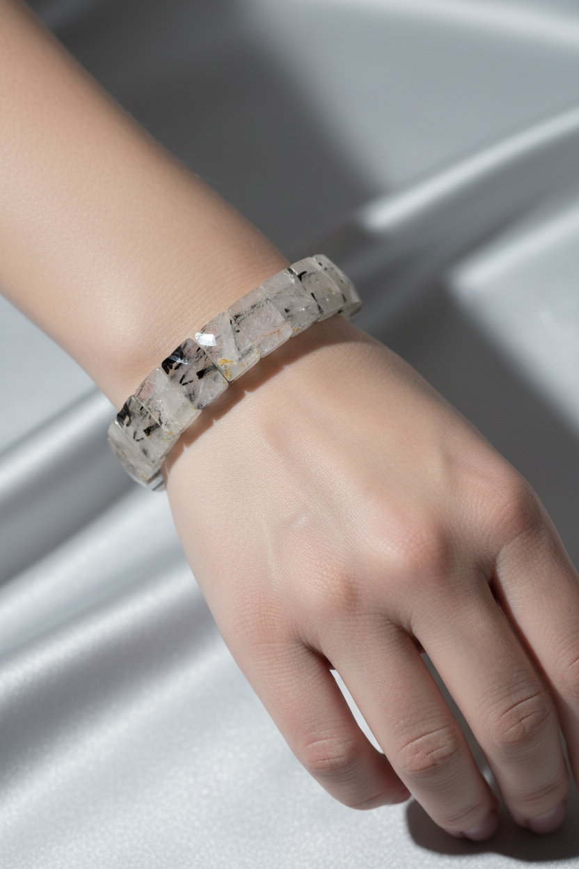 Rutilated Quartz Wide Cut Square Cut Natural Gemstone Bracelet