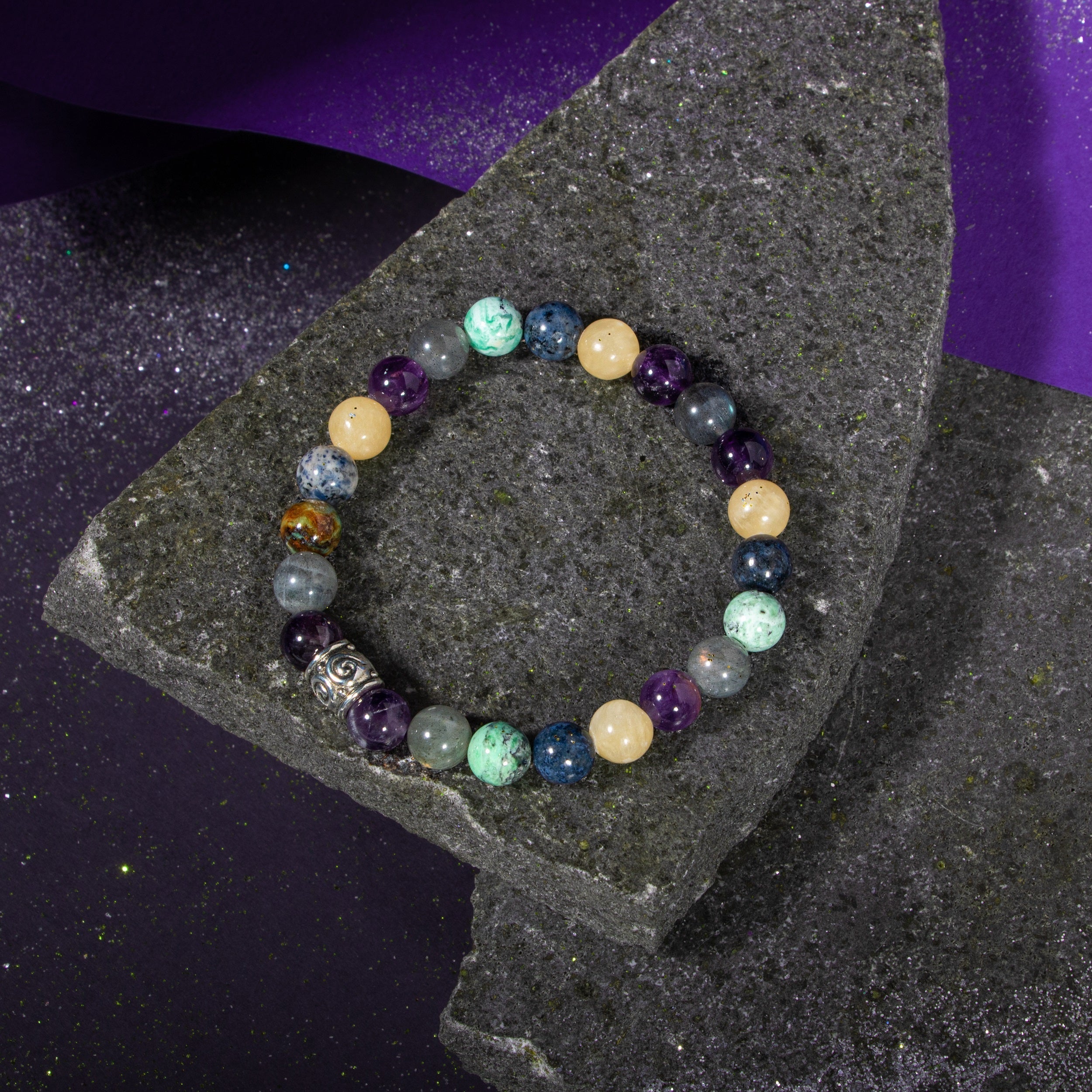 Yay Burcu Bileklik Ametist, Dumortierit, İspanyol Varisit, Kalsit, Labradorit