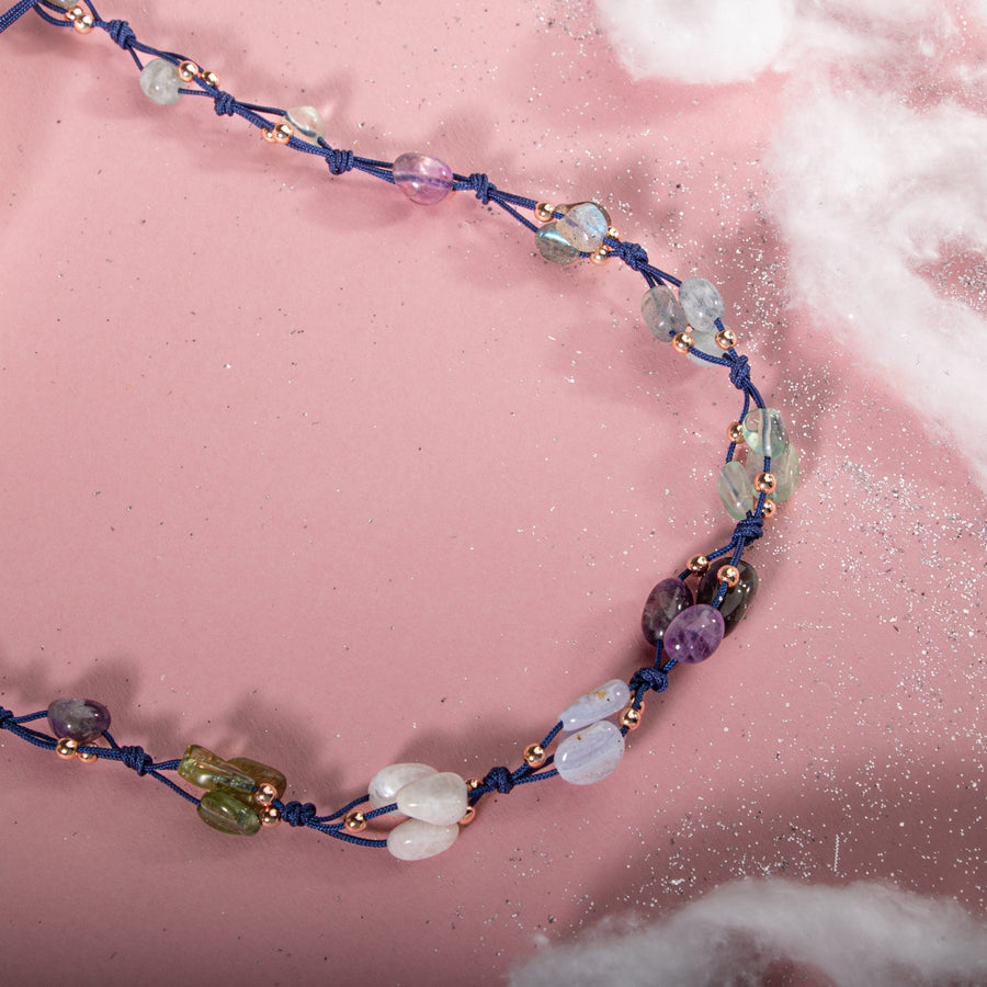 Laboratory Certified Aquarius Zodiac Natural Stone Macramé Necklace – Aquamarine, Amethyst, Moonstone, Chalcedony, Labradorite, Purple Fluorite, Jade – Special Design