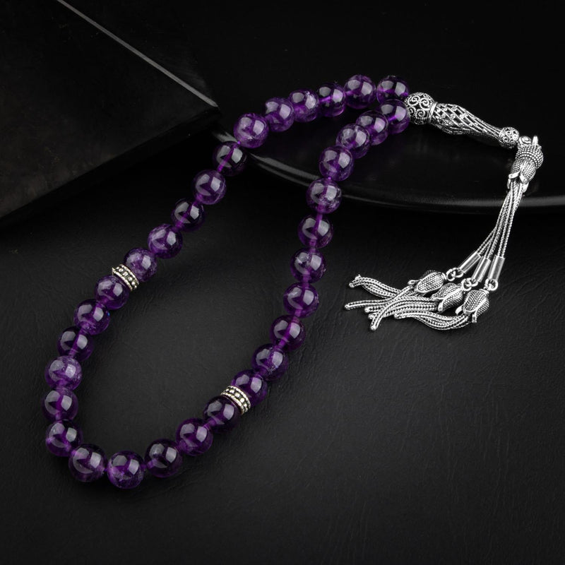 Laboratory Certified Amethyst Natural Gemstone 9 mm 925 Sterling Silver Prayer Beads