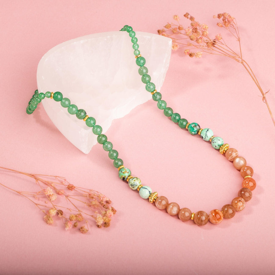 Laboratory Certified Spanish Variscite, Sunstone & Green Aventurine Natural Stone Gold-Plated Necklace – Special Design