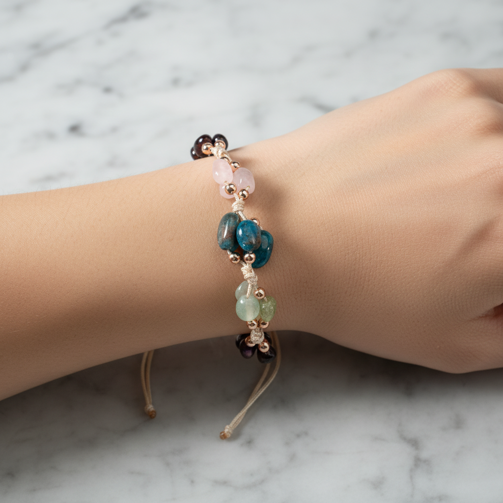 Virgo Zodiac Natural Stone Macramé Bracelet – Amethyst, Burgundy Garnet (Lal), Jasper, Blue Apatite, Rose Quartz, Green Aventurine, Peridot