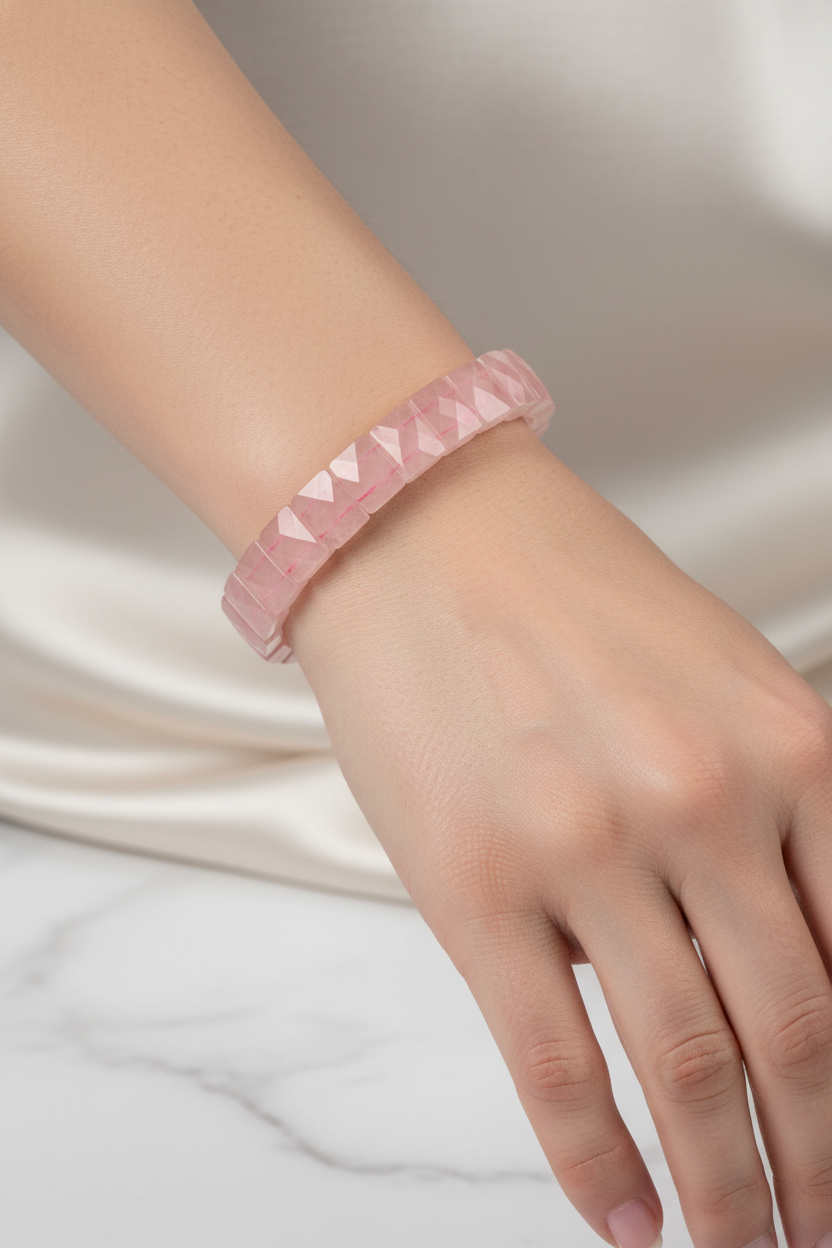 Rose Quartz Wide Cut Square Cut Natural Gemstone Bracelet