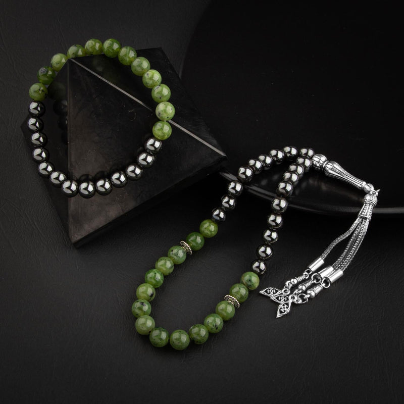 Laboratory Certified Jade & Hematite Natural Gemstone Prayer Beads & Bracelet Set