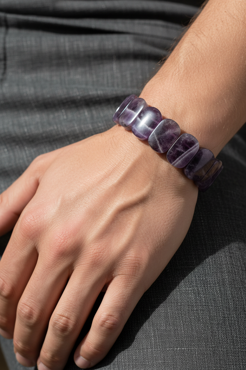 Amethyst Wide Cut Special Cut Natural Gemstone Bracelet (9 x 14 mm)