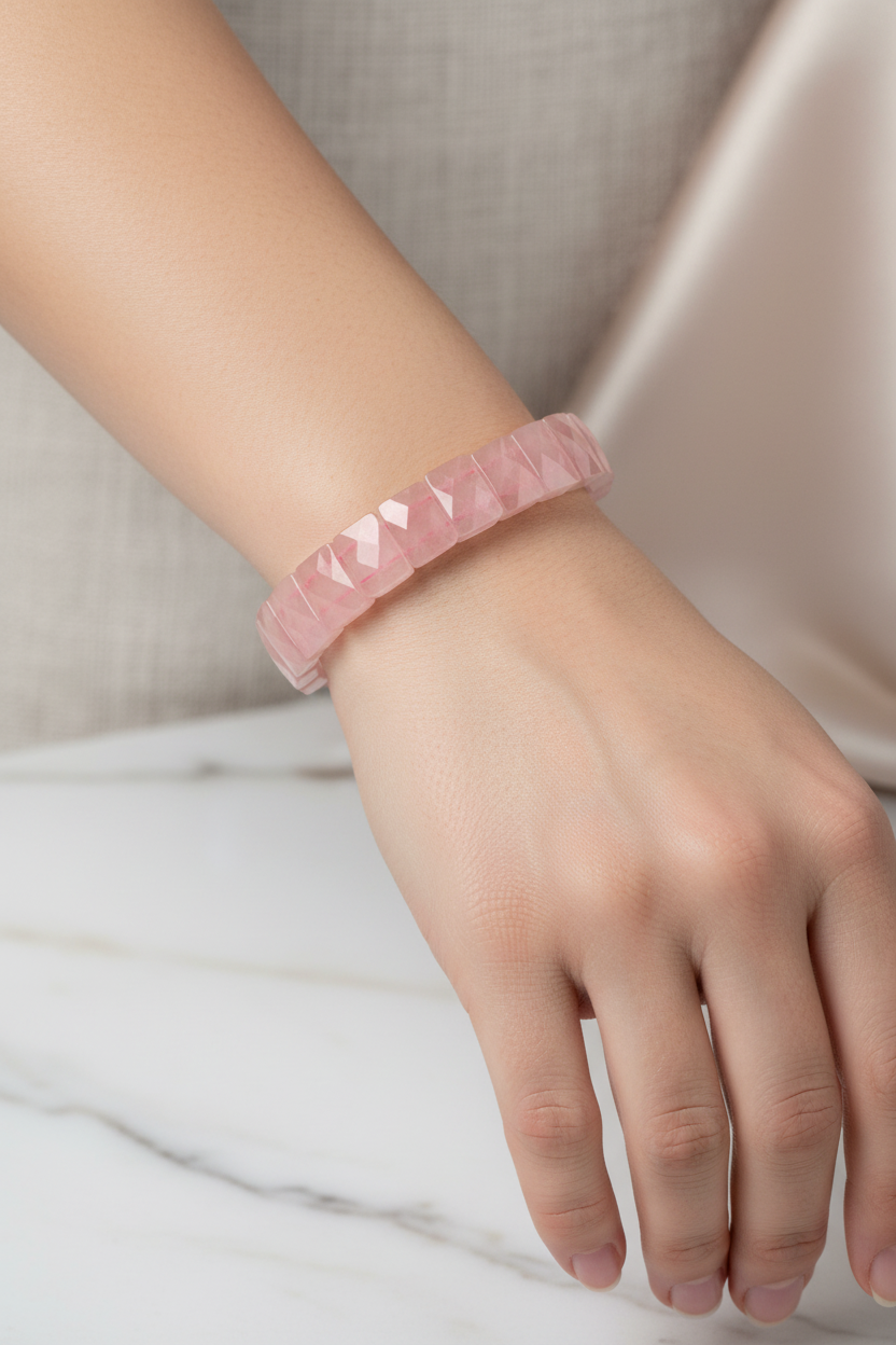 Rose Quartz Wide Cut Square Cut Natural Gemstone Bracelet