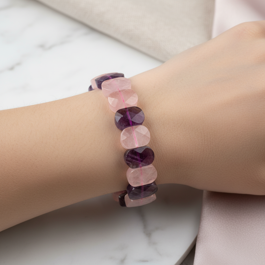 Amethyst Wide Cut Natural Gemstone Bracelet