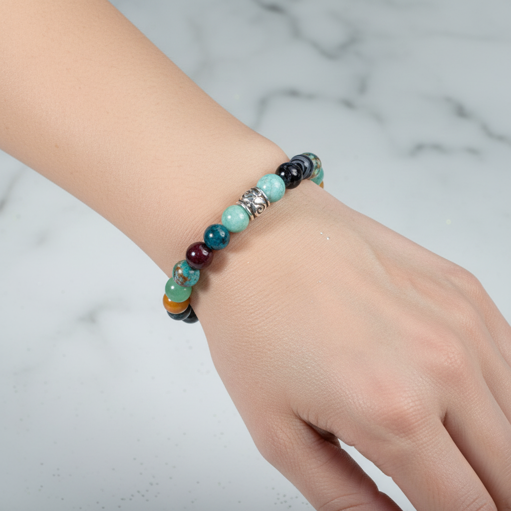 Laboratory Certified Virgo Zodiac Natural Stone Bracelet – Amazonite, Burgundy Garnet (Lal), Jasper, Chrysocolla, Blue Apatite, Black Eye Agate & Green Aventurine