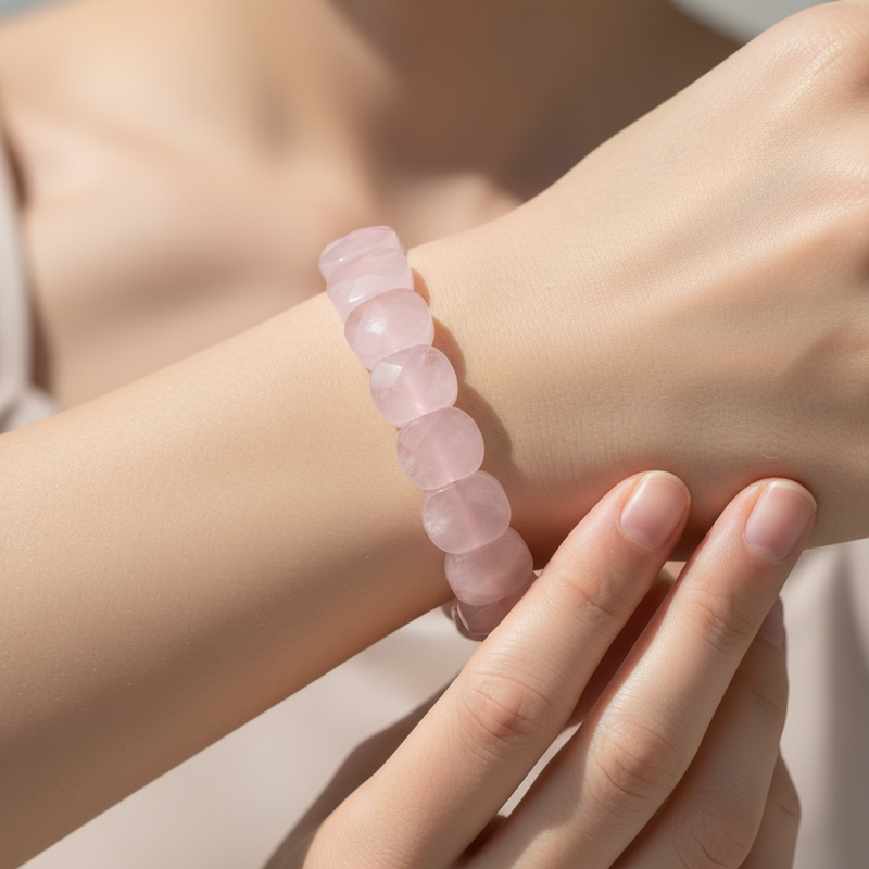 Laboratory Certified Rose Quartz Wide Cut Natural Gemstone Bracelet