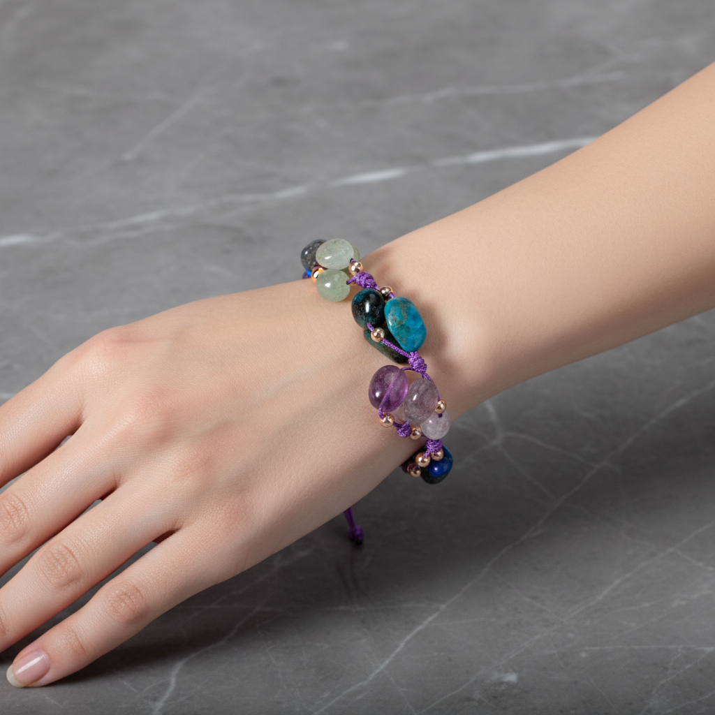 Sagittarius Zodiac Natural Stone Macramé Bracelet – Amethyst, Jasper, Chalcedony, Labradorite, Lapis Lazuli, Blue Apatite, Green Aventurine
