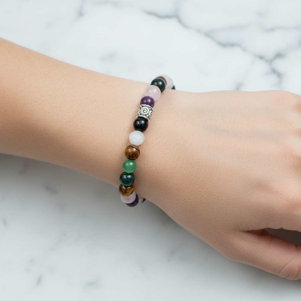 Laboratory Certified Cancer Zodiac Natural Stone Bracelet – Amethyst, Moonstone, Golden Obsidian, Bloodstone, Tiger’s Eye, Rose Quartz & Green Aventurine