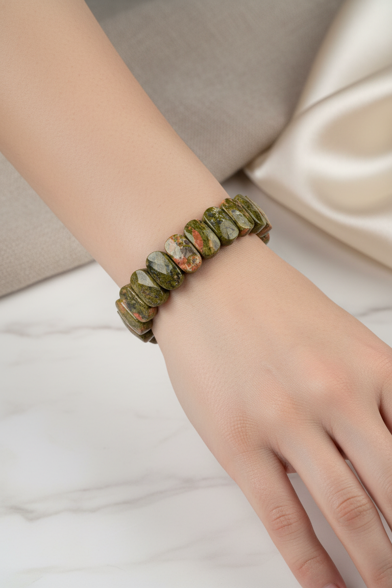 Laboratory Certified Laboratory Certified Unakite Wide Cut Natural Gemstone Bracelet