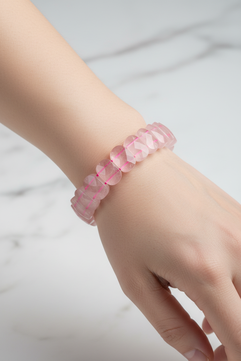 Laboratory Certified Rose Quartz Wide Cut Natural Gemstone Bracelet