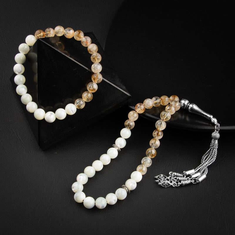 Laboratory Certified Citrine & Mother of Pearl Natural Gemstone Prayer Beads & Bracelet Set