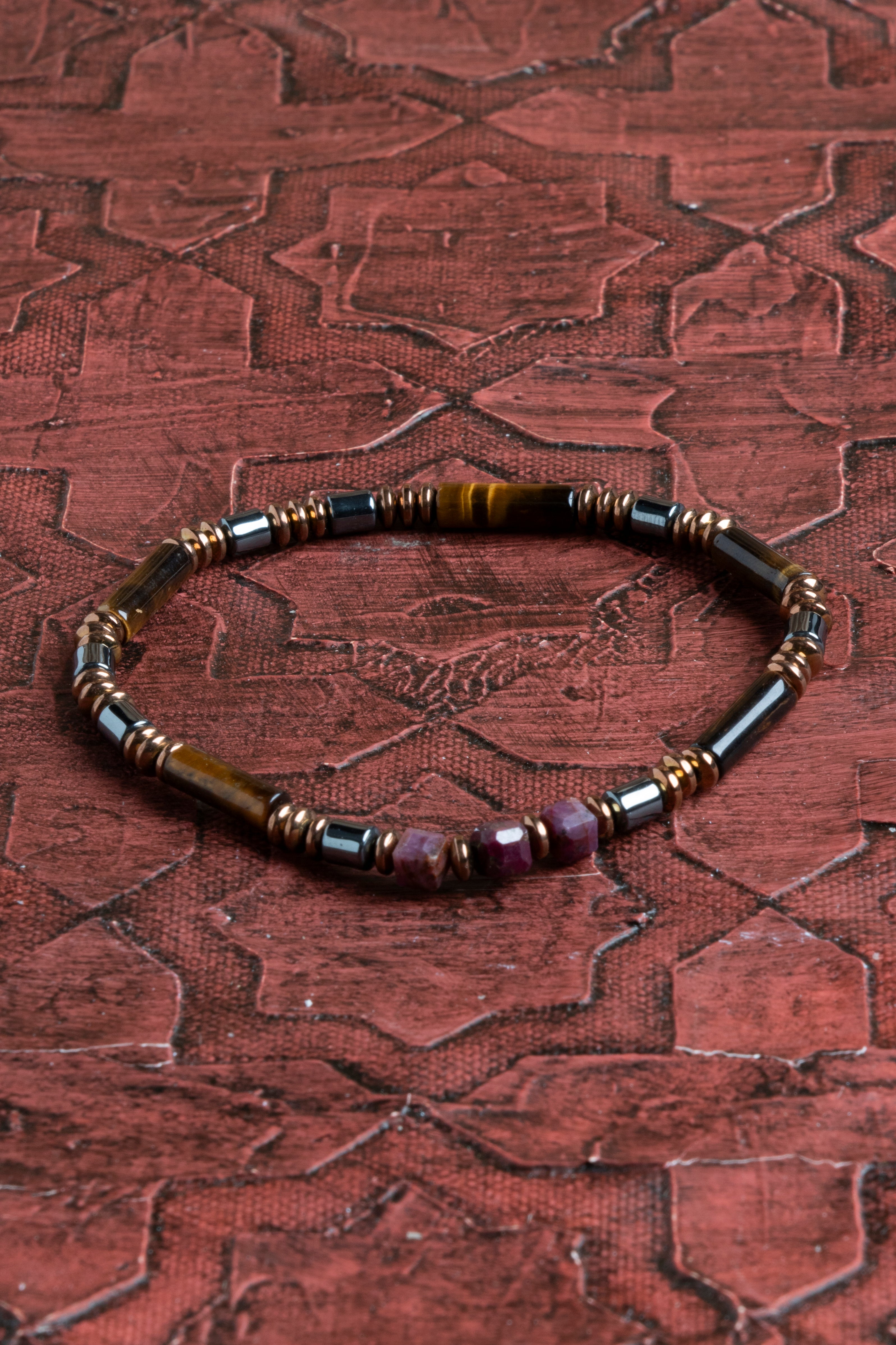 Laboratory Certified Ruby, Tiger’s Eye & Hematite Natural Stone Bracelet