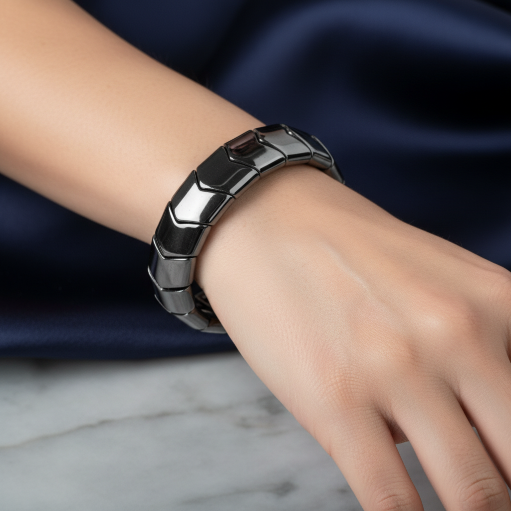 Hematite Wide Cut Herringbone Natural Gemstone Bracelet