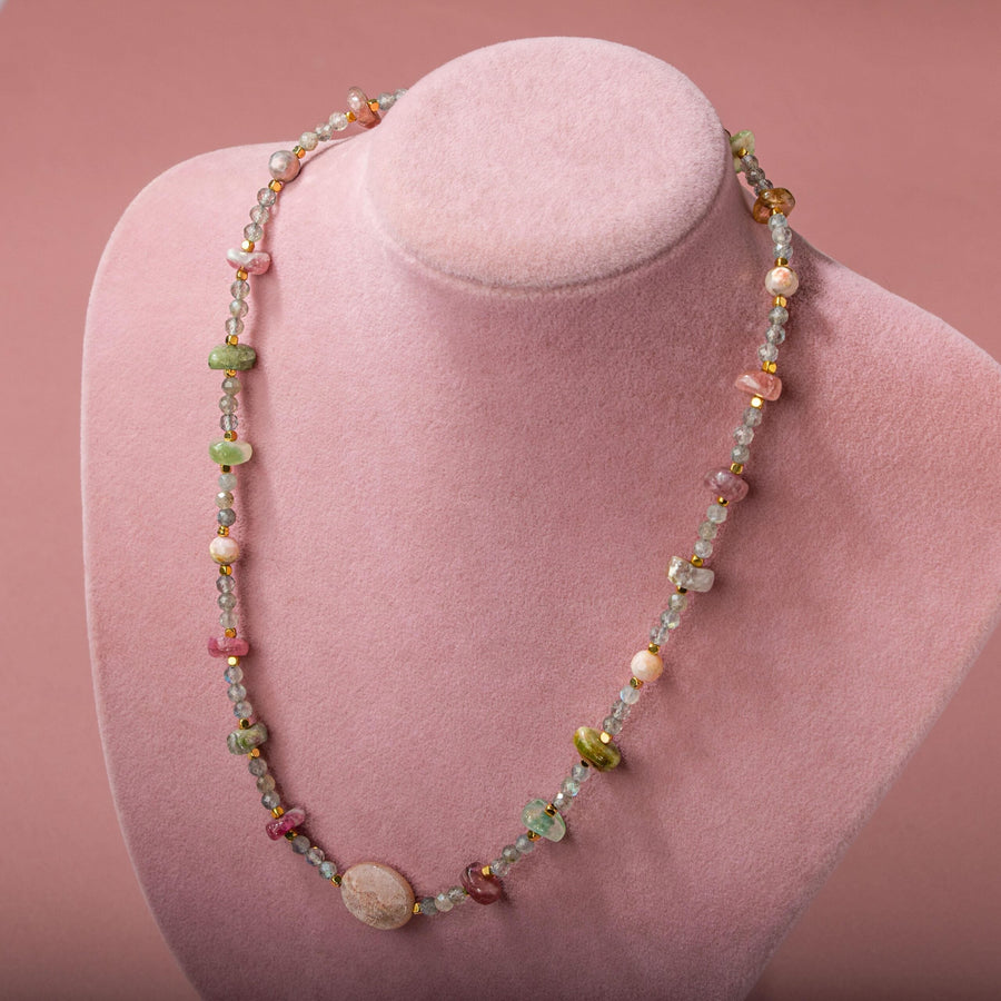 Laboratory Certified Labradorite, Multicolor Tourmaline, Sunstone & Pink Opal Natural Stone Necklace – Special Design