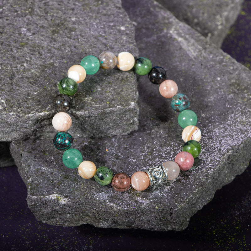 Laboratory Certified Taurus Zodiac Natural Stone Bracelet – Sunstone, Chrysocolla, Obsidian, Rhodonite, Mother of Pearl, Green Aventurine & Jade (Serpentine)