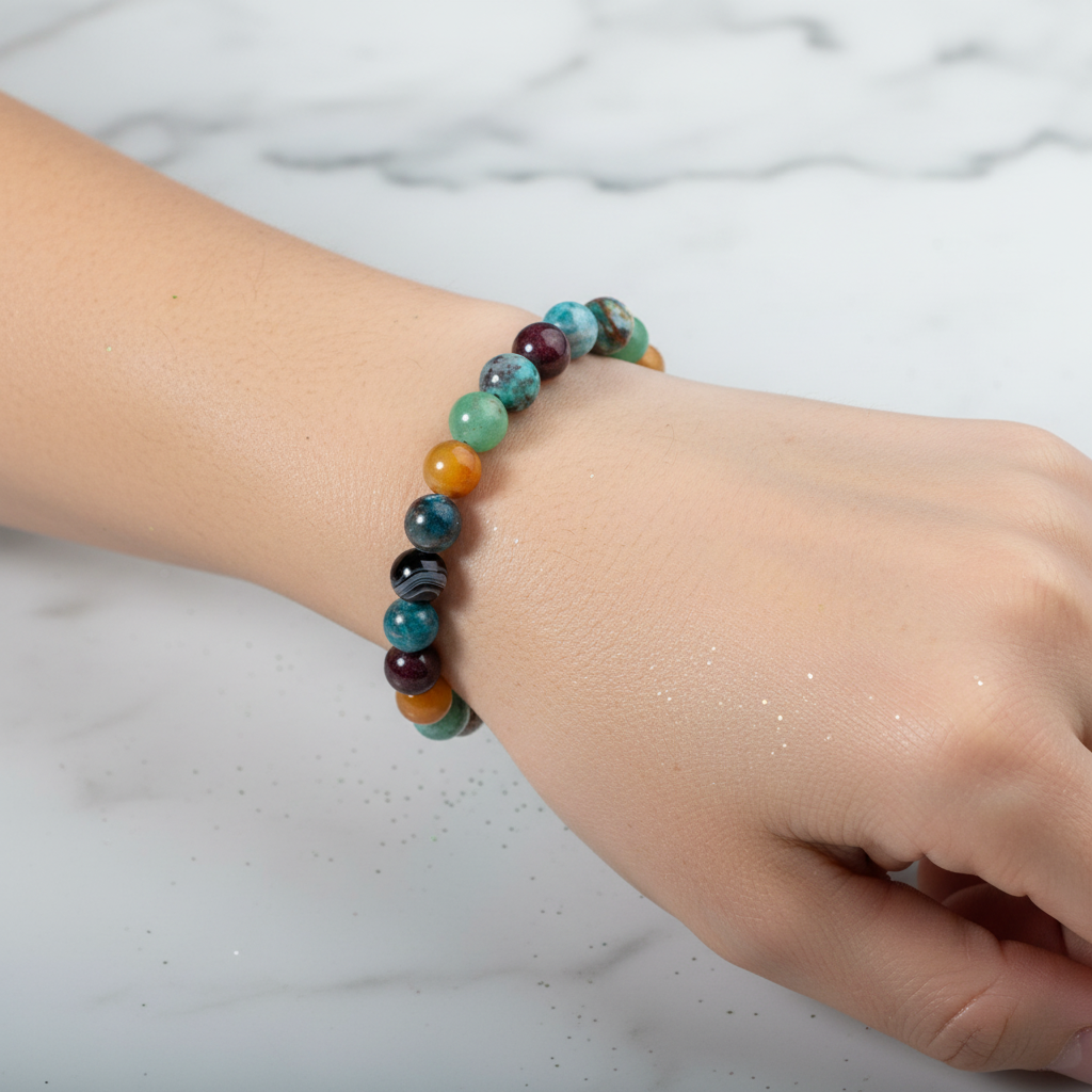 Laboratory Certified Virgo Zodiac Natural Stone Bracelet – Amazonite, Burgundy Garnet (Lal), Jasper, Chrysocolla, Blue Apatite, Black Eye Agate & Green Aventurine