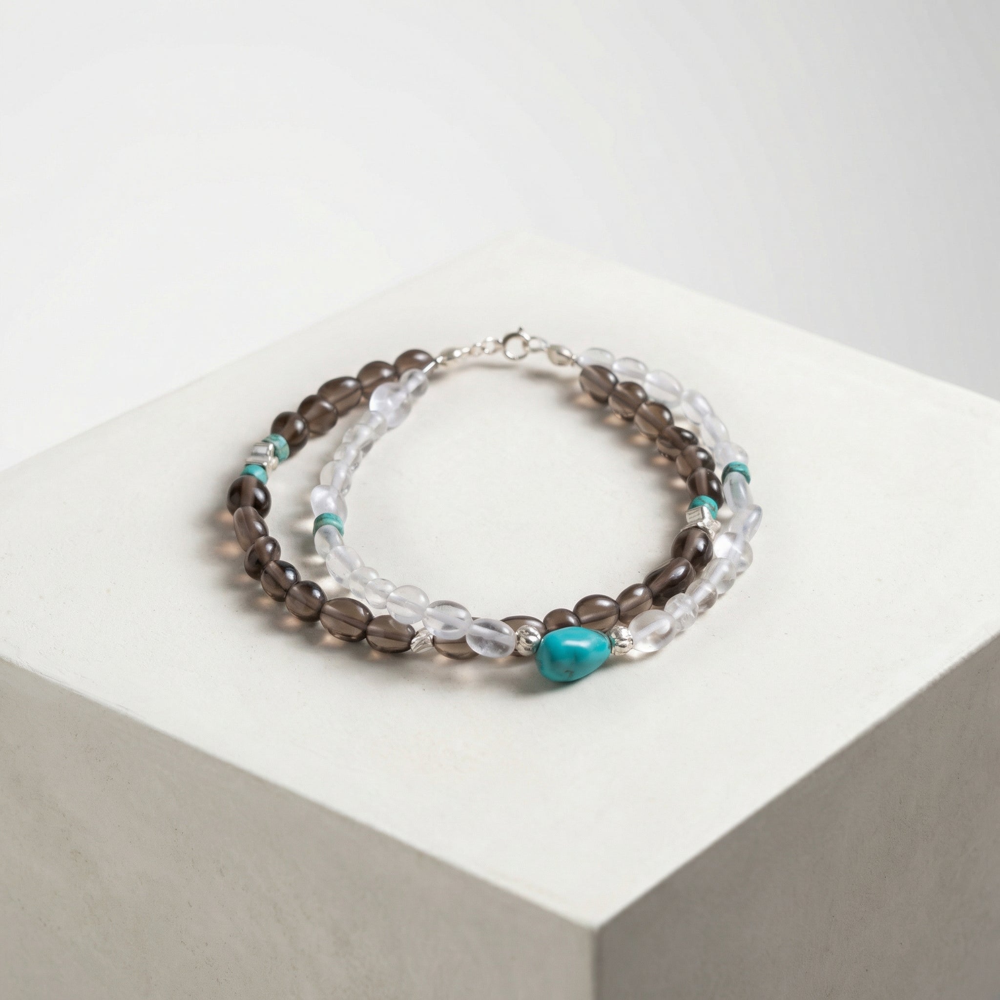 Laboratory Certified Moonstone, Smoky Quartz & Turquoise 925 Sterling Silver Bracelet