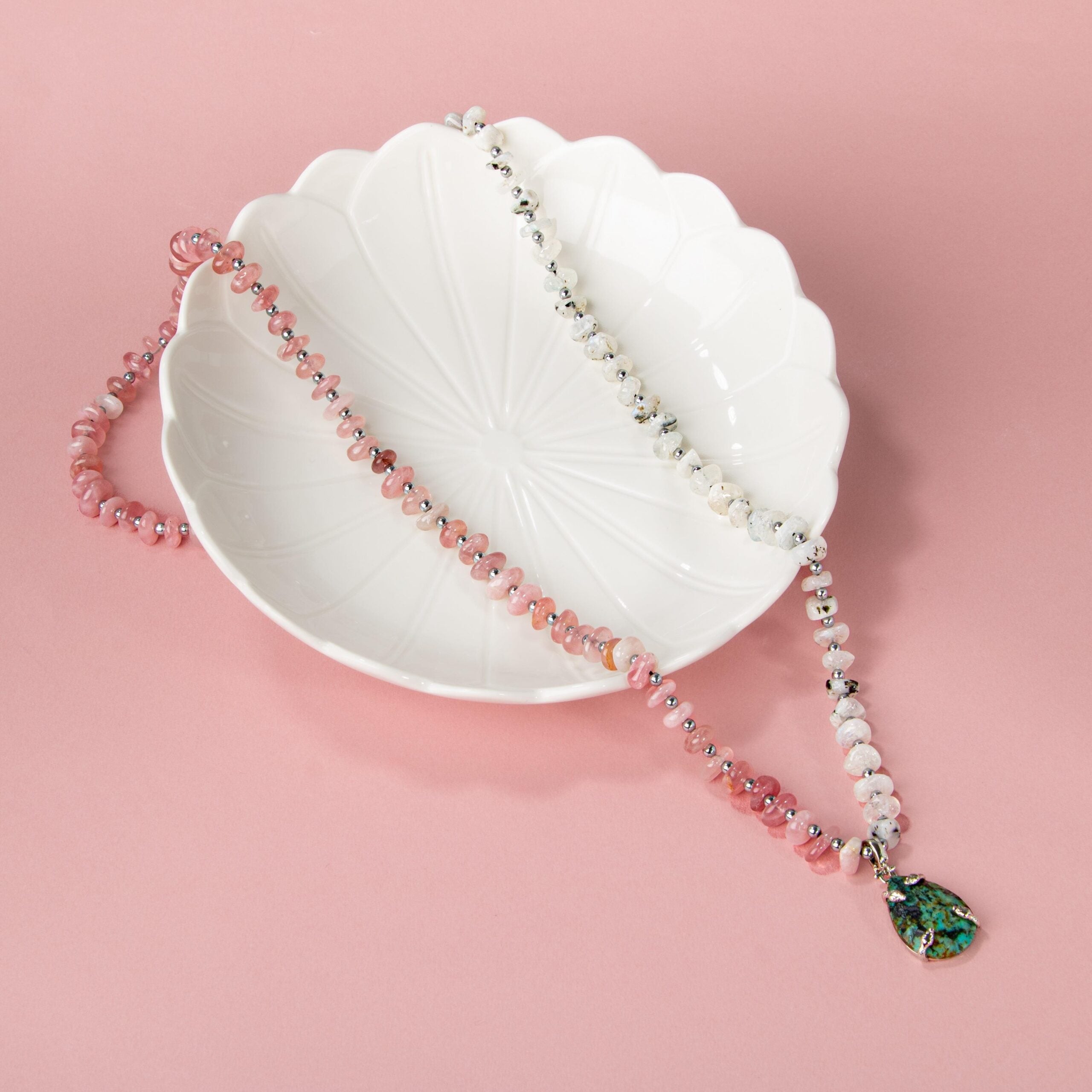 Afrika Turkuaz-Pembe Kuvars-Ay Taşı Doğal Taş Kolye