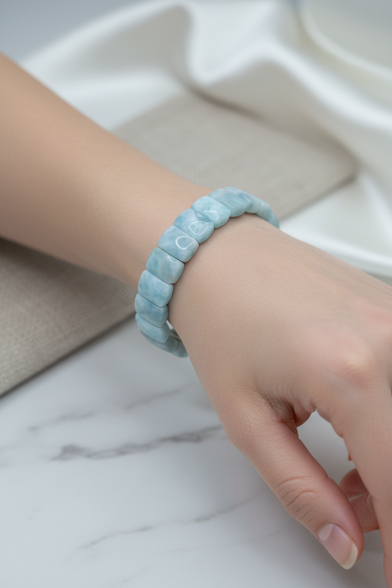 Laboratory Certified Larimar Wide Cut Natural Gemstone Bracelet