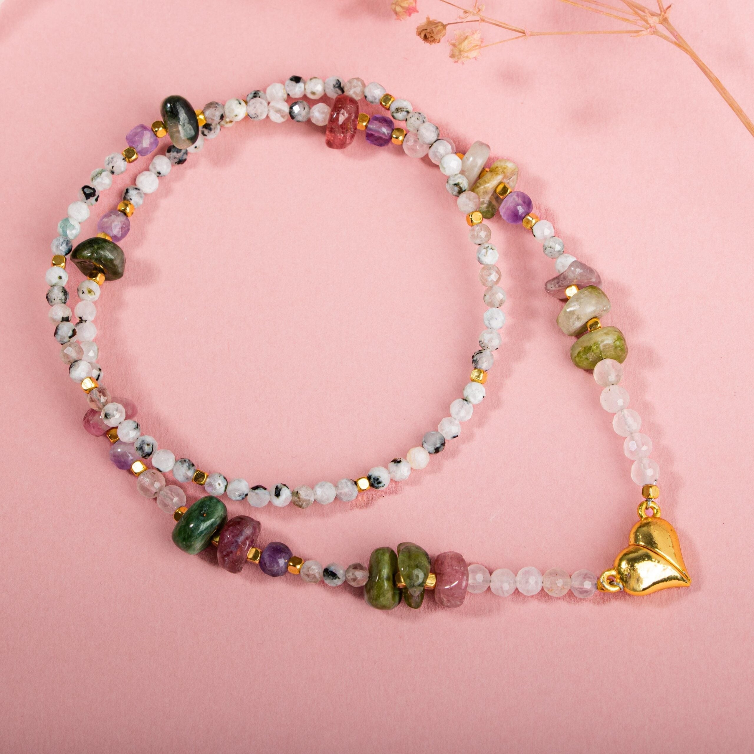 Ay Taşı-Ametist-Renkli Turmalin Doğal Taş Kalpli Kapama Kolye