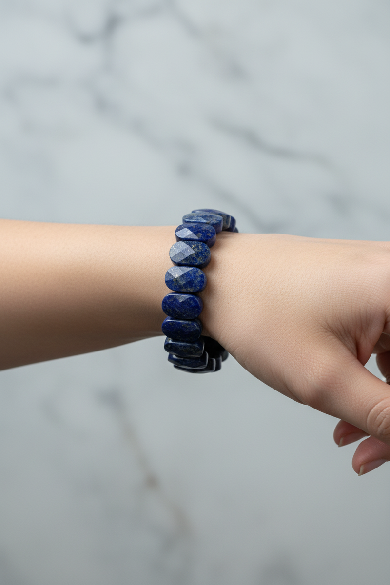Laboratory Certified Lapis Lazuli Wide Cut Natural Gemstone Bracelet