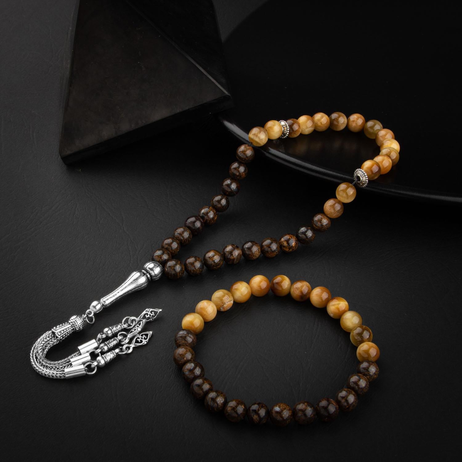 Yellow Tiger's Eye & Bronzit Natural Gemstone Prayer Beads & Bracelet Set