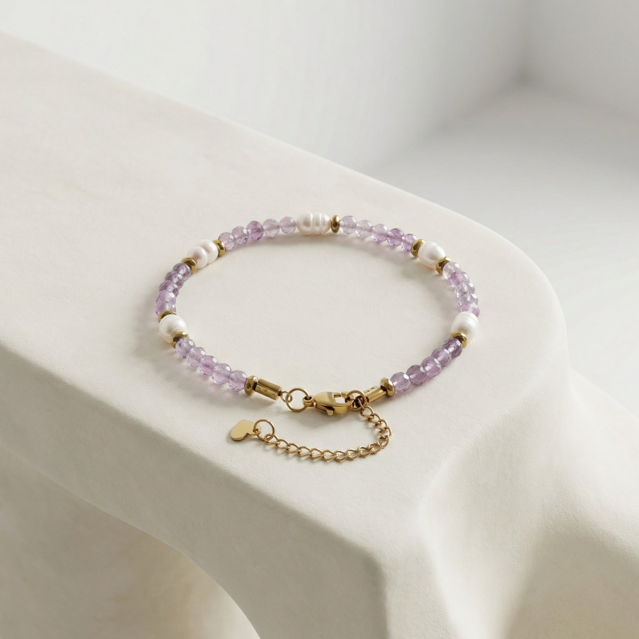 Laboratory Certified Amethyst & Pearl Natural Stone Bracelet – Rondelle Cut, Steel Clasp