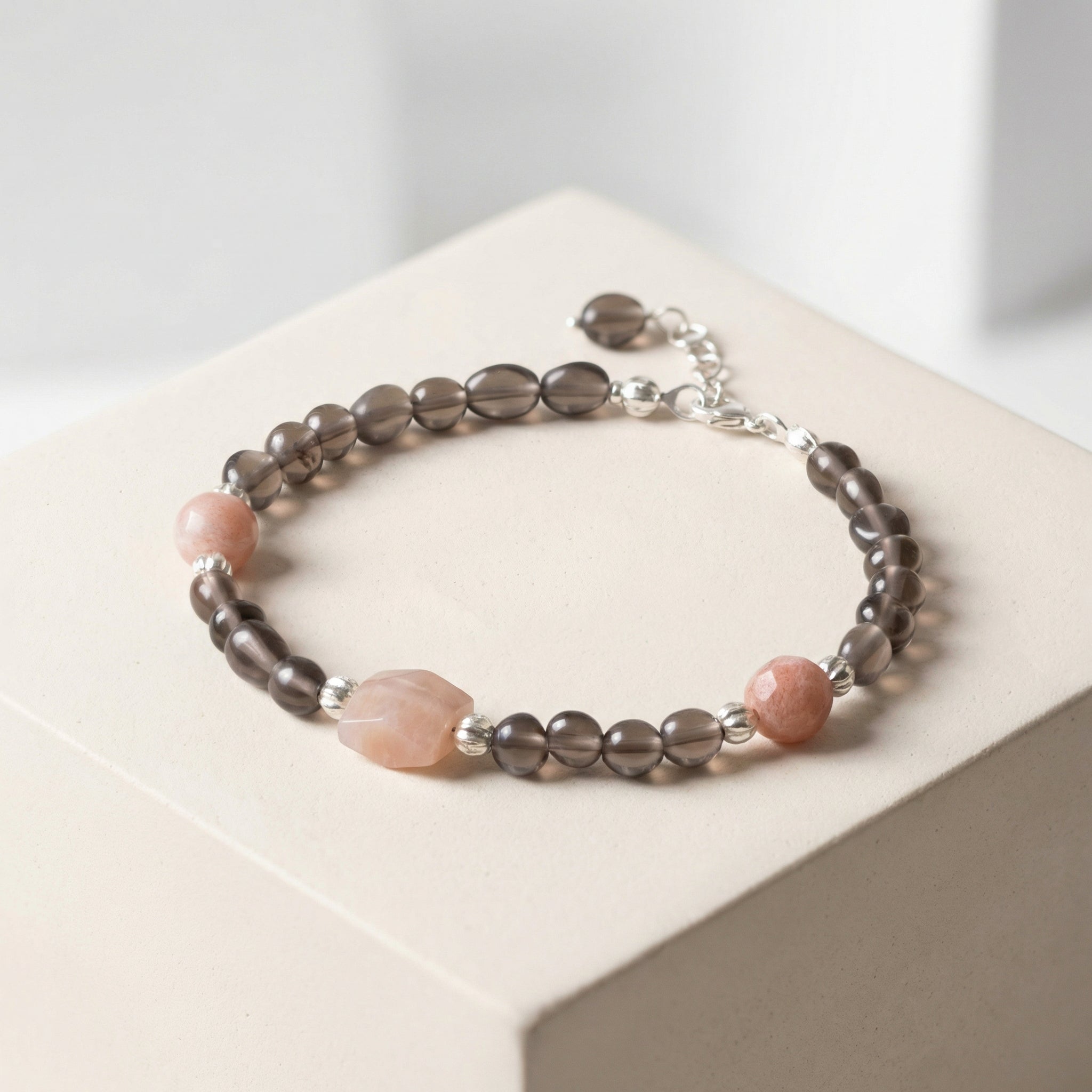 Laboratory Certified Smoky Quartz & Sunstone 925 Sterling Silver Bracelet