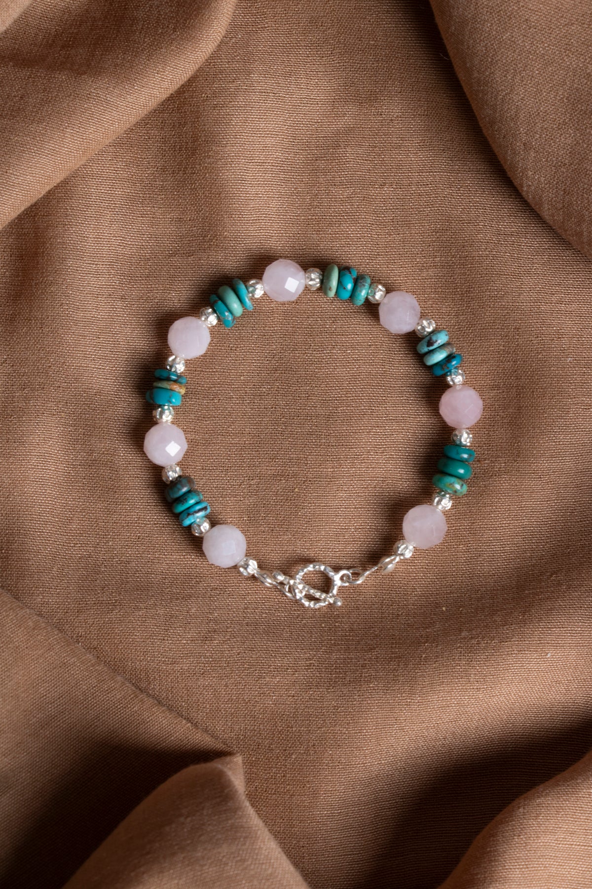 Laboratory Certified Rose Quartz & Turquoise 925 Sterling Silver Bracelet