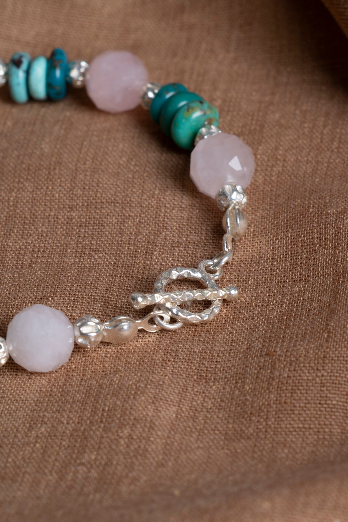 Laboratory Certified Rose Quartz & Turquoise 925 Sterling Silver Bracelet