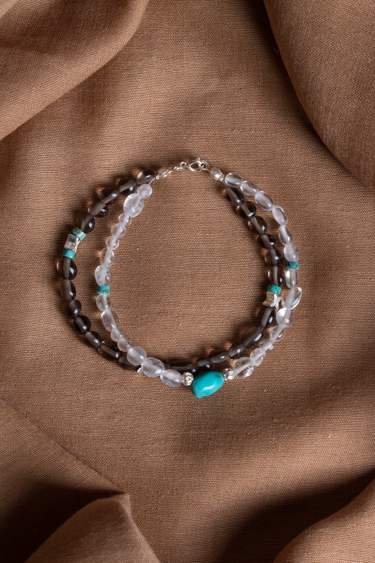 Laboratory Certified Moonstone, Smoky Quartz & Turquoise 925 Sterling Silver Bracelet