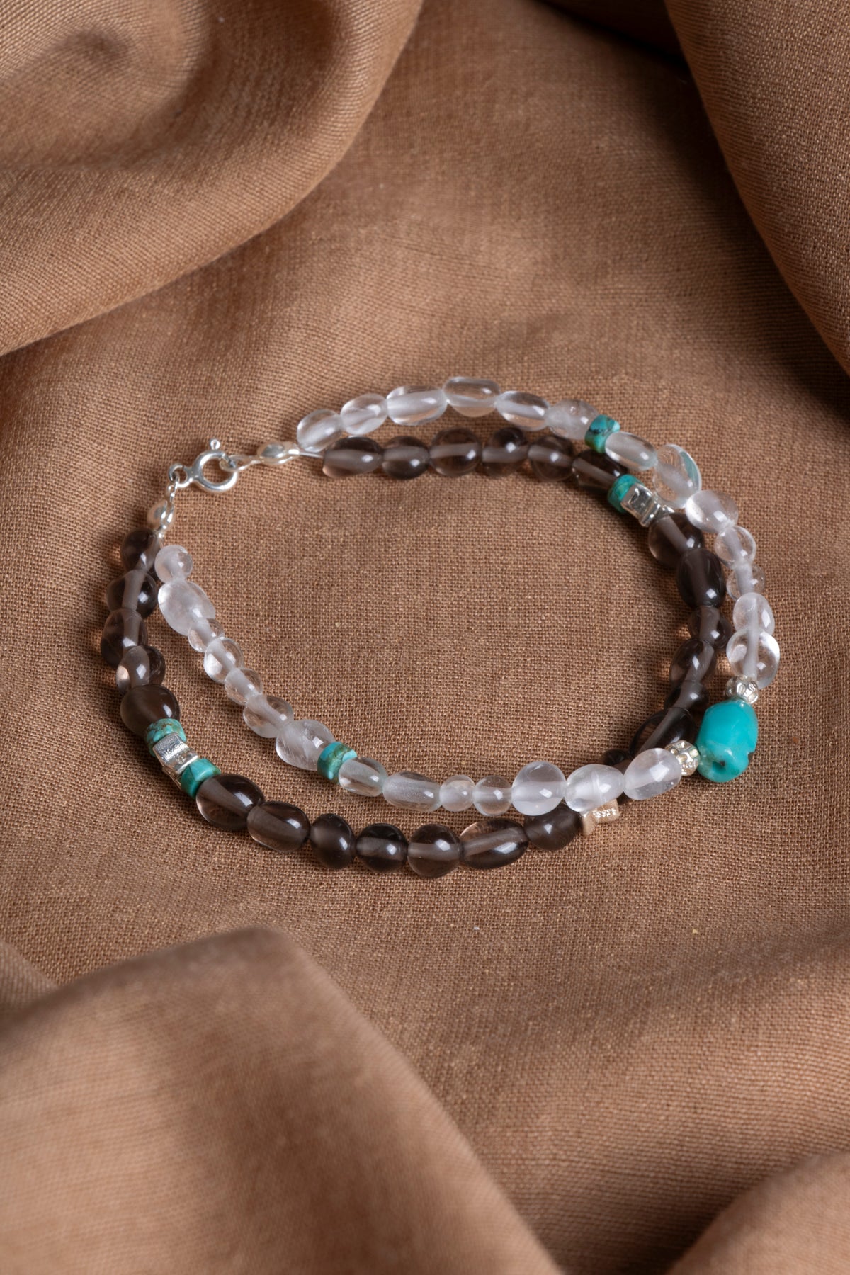 Laboratory Certified Moonstone, Smoky Quartz & Turquoise 925 Sterling Silver Bracelet